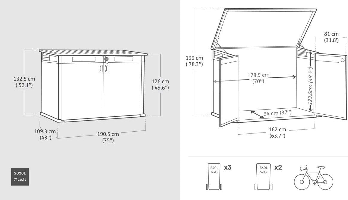 Cortina Mega Horizontal 2-Door Resin Outdoor Storage Shed with Built-In Ventilation & Open Roof/Lid, Grey, 533-Gal