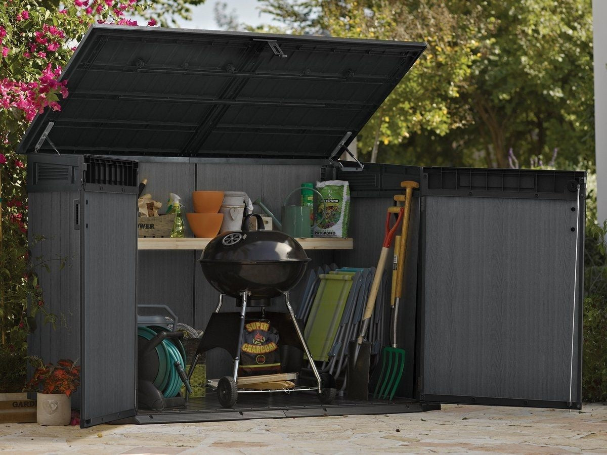 Cortina Mega Horizontal 2-Door Resin Outdoor Storage Shed with Built-In Ventilation & Open Roof/Lid, Grey, 533-Gal