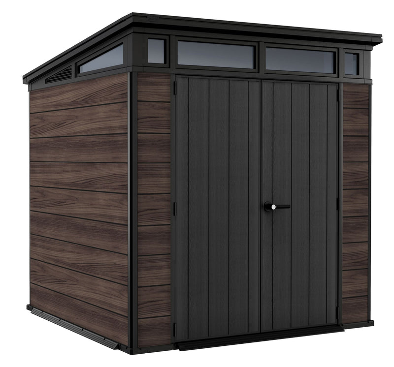 Pent Durable DecoCoat Lockable 2-Door Resin Outdoor Storage Shed with Windows, Brown, 7-ft x 7-ft J7