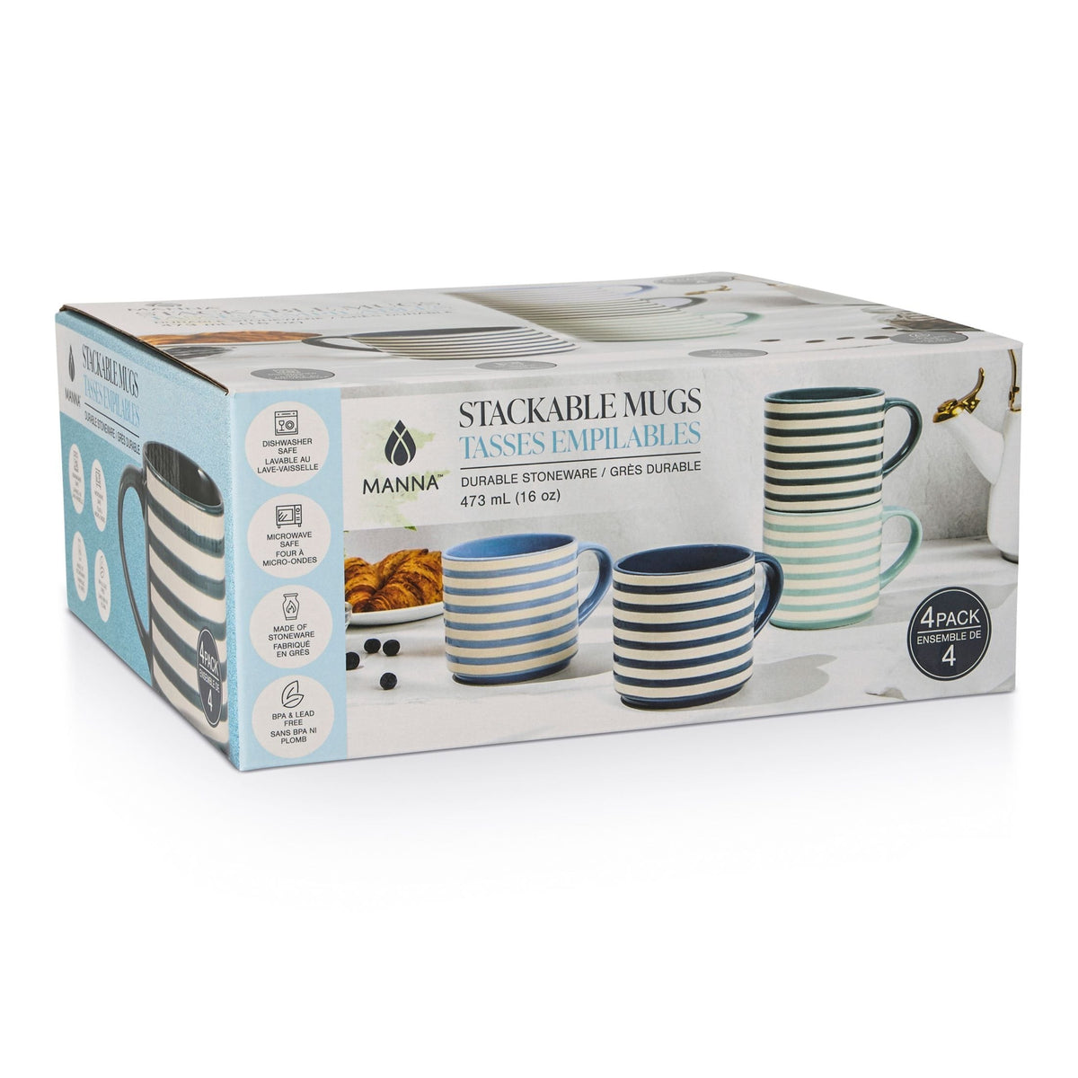 Blue Strip Stackable Mugs, Assorted Colours, 4-pk