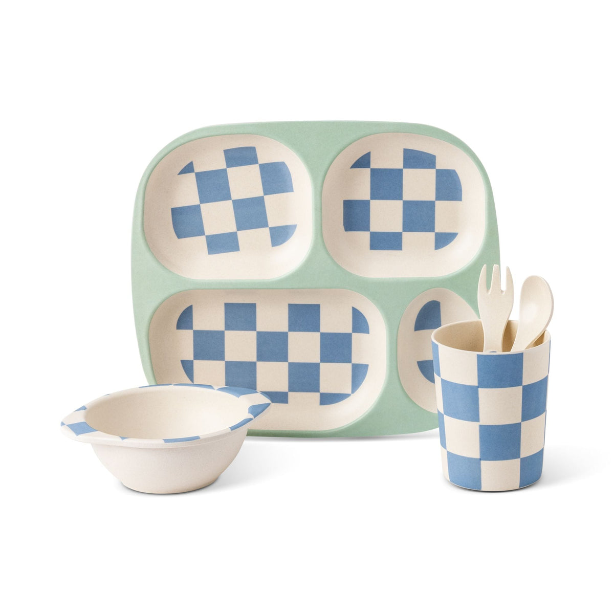 Kids' Bamboo Fiber Dinnerware Set, Blue Check, 5-pc