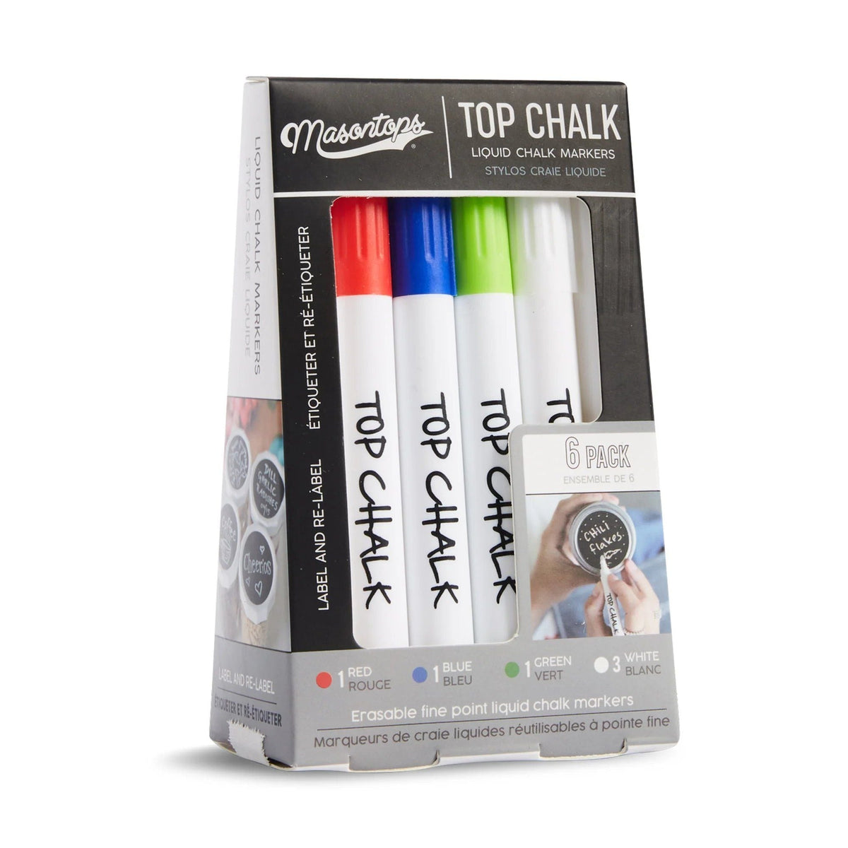 Top Chalk Erasable Liquid Chalk Markers, Multi-Colour, 6-pk
