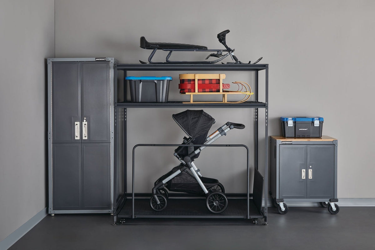 Seasonal Storage Rack with Rolling Platform Cart, Black, 65.5-in x 35.5-in x 68-in