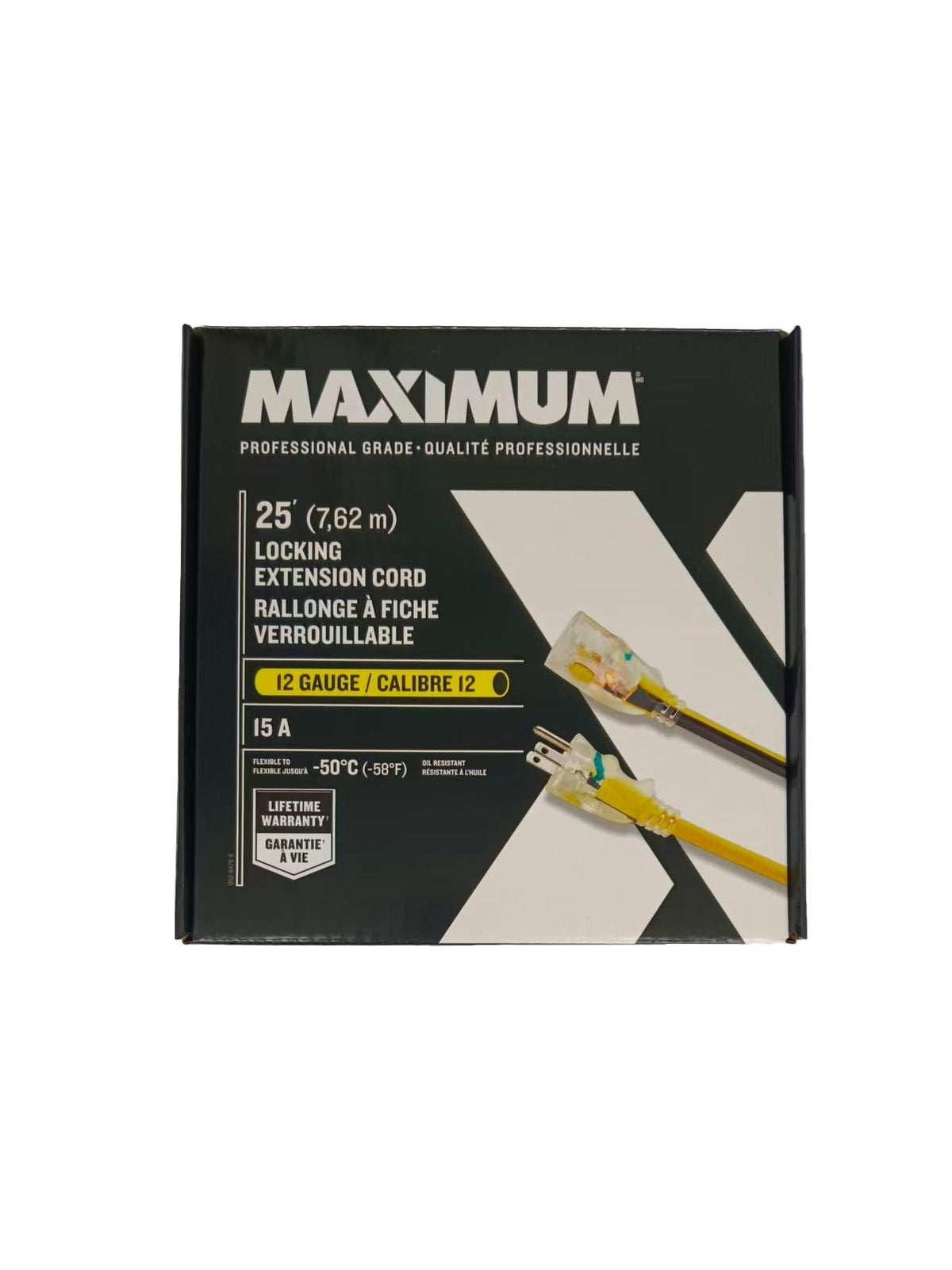 MAXIMUM 25-ft 12/3 Outdoor Extension Cord with Grounded Outlet, Lighted End and Locking Connector, Yellow/Black
