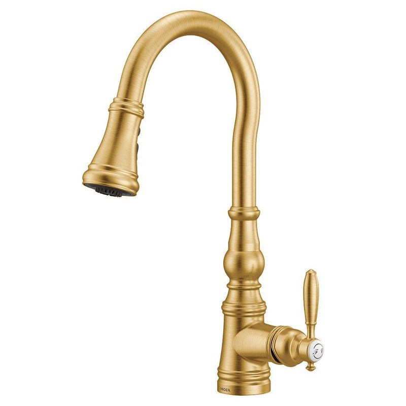 Weymouth Single Handle High Arc Pull Down Sprayer Kitchen Faucet with Power Boost, Brushed Gold O0