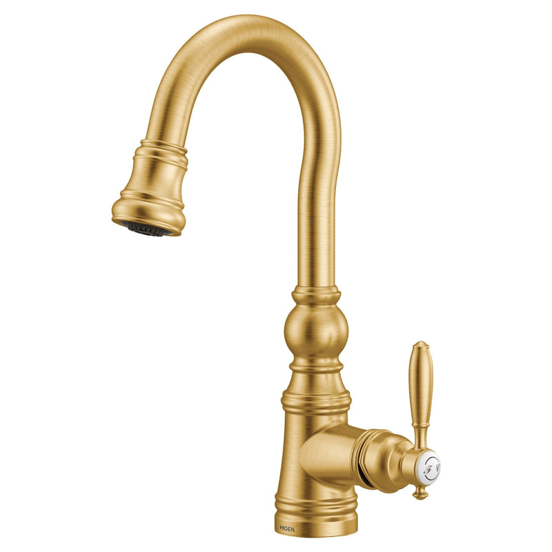 Weymouth Single Handle High Arc Pull Down Sprayer Kitchen Faucet with Power Clean, Brushed Gold R7