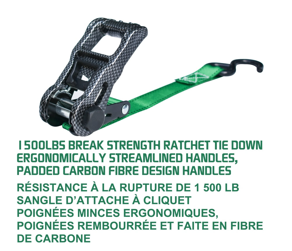 1,500-lb Carbon Ratchet Tie Downs, Weatherproof, 1-in x 14-ft, 4-pk, Green