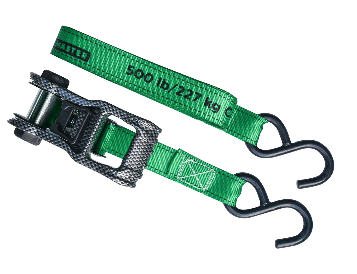 1,500-lb Carbon Ratchet Tie Downs, Weatherproof, 1-in x 14-ft, 4-pk, Green