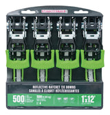 1,500-lb Reflective Ratchet Tie Down Strap, with Padded D-Handle, 1-in x 12-ft, 4-pk, Green