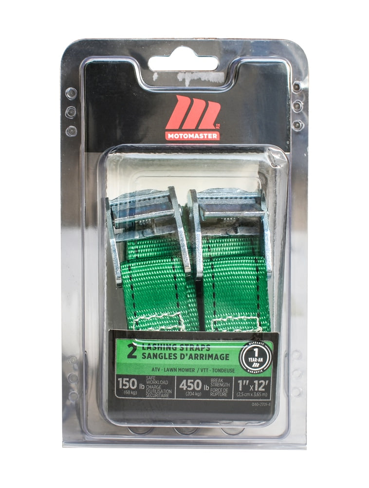 450-lb Light Duty Lashing Straps with Cam Buckle Clasps, Weatherproof, 1-in x 12-ft, 2-pk