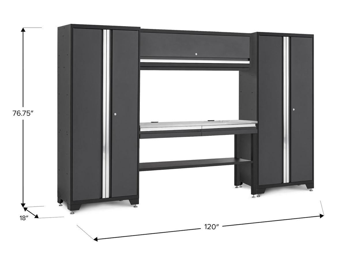 Bold 3.0 Series Lockable Steel Garage Cabinetry Set with Stainless Steel Top, Grey, 120-in x 18-in x 72-in, 5-pc