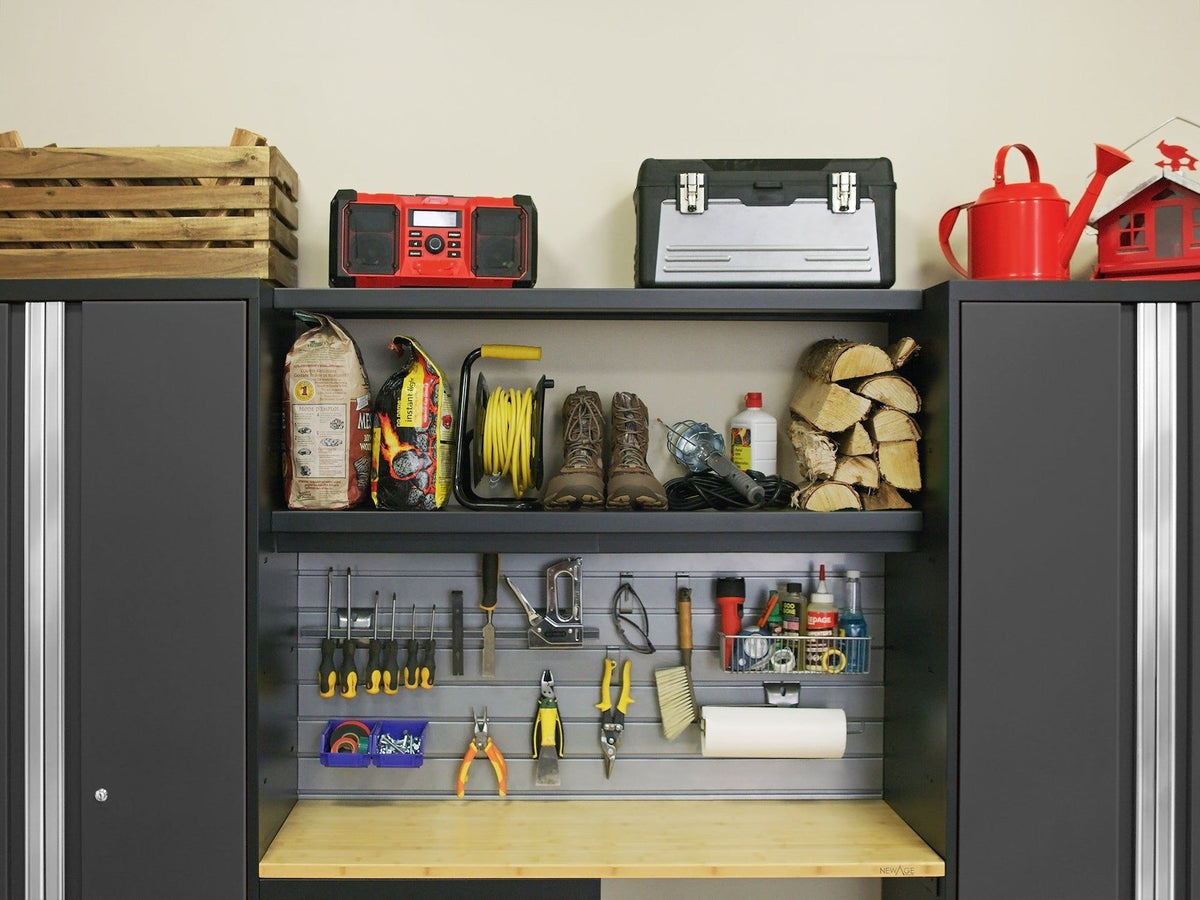 Bold Series Lockable 24-Gauge Steel Garage Cabinetry Set with Bamboo Top, Black/Grey, 48-in x 18-in x 76.75-in, 5-pc