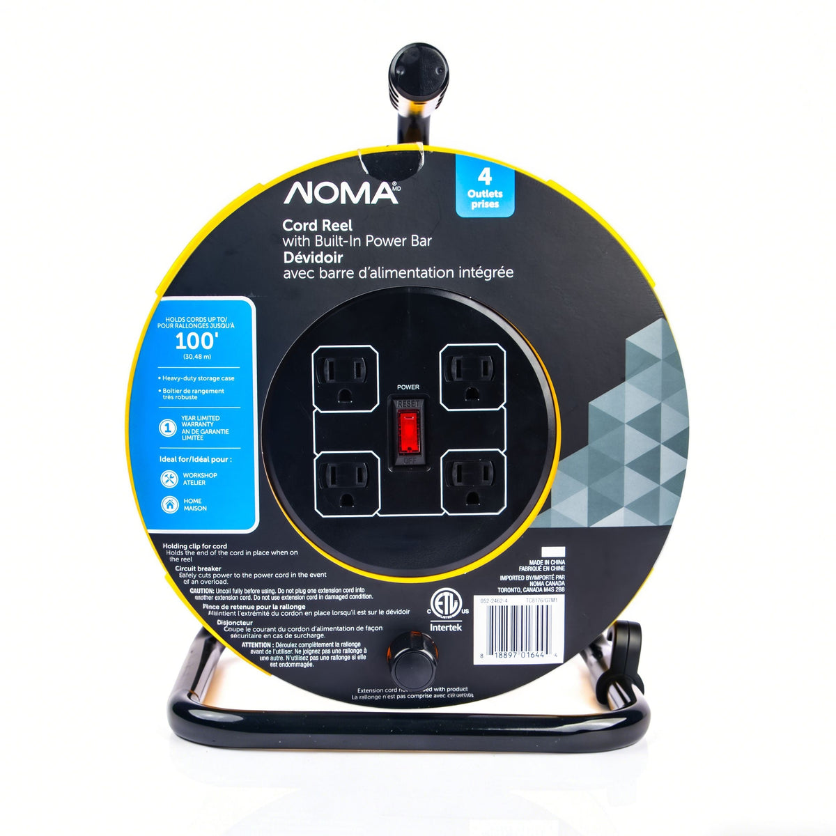 100-ft Extension Cord Storage Reel with 4 Grounded Outlets and Circuit Breaker