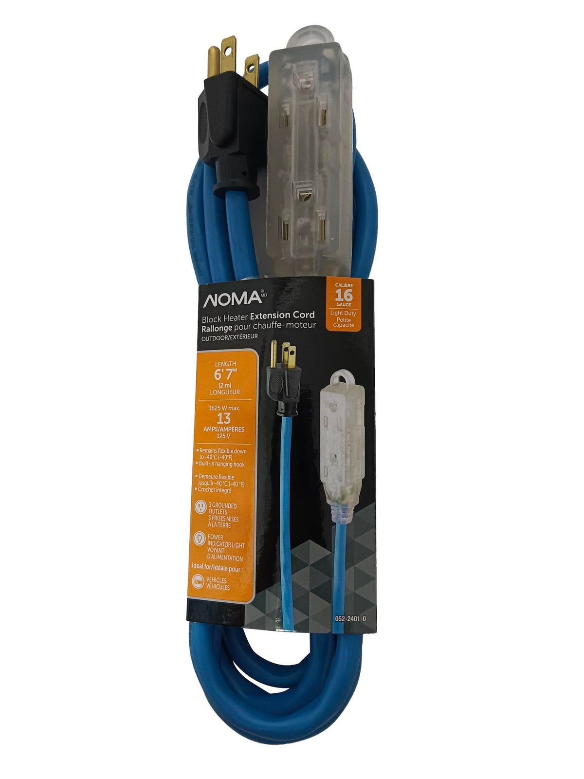 16/3 13 Amp All-Weather Block Heater Cord with Lighted End, Blue