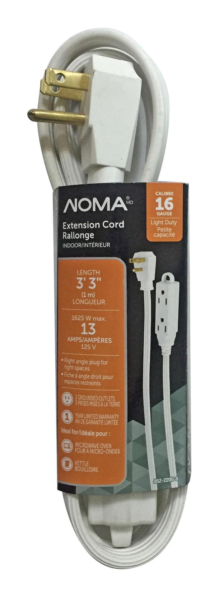 3-ft 3-in 16/3 Indoor Extension Cord with Right Angle Plug, 3 Grounded Outlets, White A2