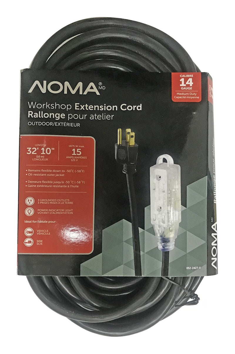 32-ft 10-in 14/3 Outdoor Extension Cord with 3 Grounded Outlets and Lighted End, Black Q1