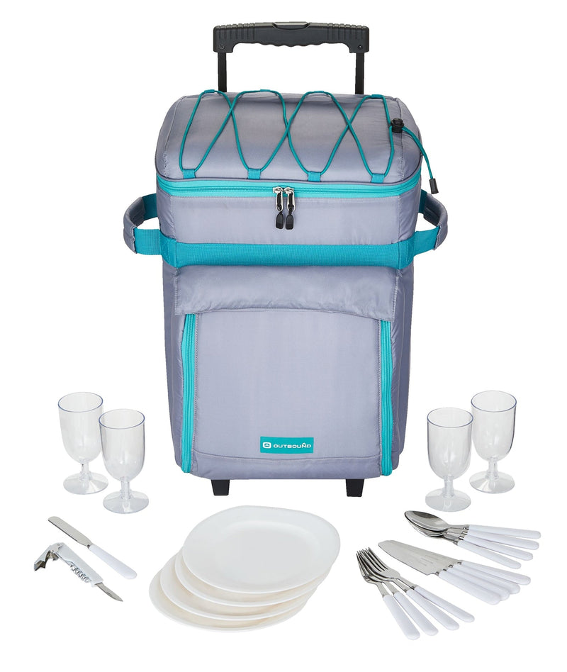 Wheeled Picnic Cooler with 21-Piece Cutlery/Plate Set, 18-Can W4