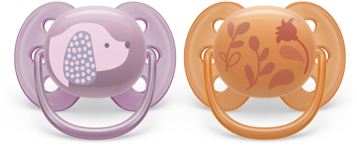 Ultra Soft Pacifier, 6-18 Months, Violet Puppy & Orange Leaves, 2-pk