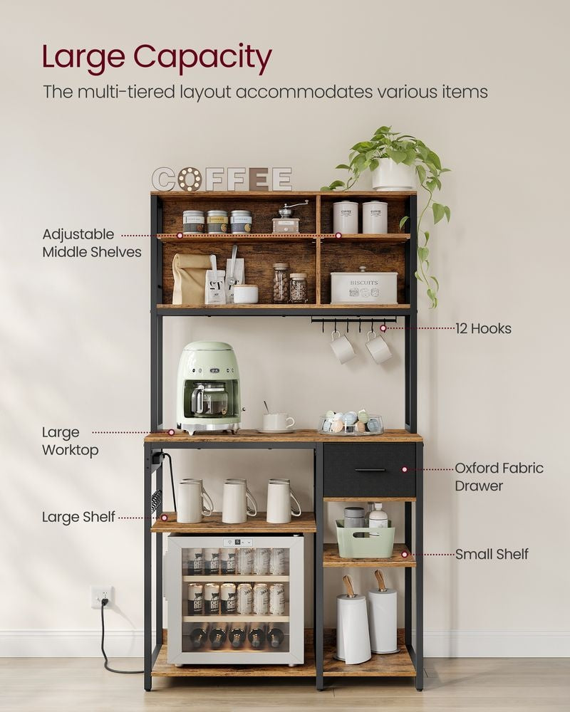 Home Brown Baker's Rack/Charging Station with Small Shelves K7