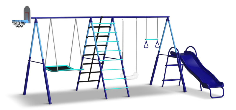Sunset Slam Kids' 7-Station LED Metal Swing Set Combo with Basketball Hoop & Slide G7
