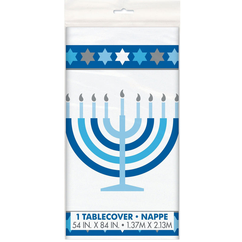 Starry Rectangle Plastic Reusable Table Cover, White/Blue, 54x108-in, for Hanukkah L6