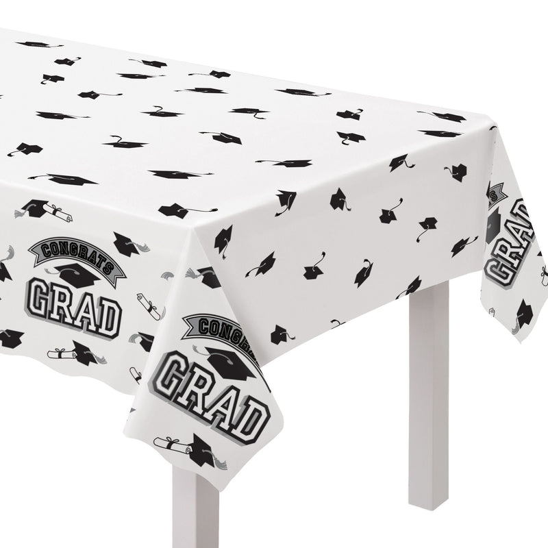 True to Your School "Congrats Grad" Rectangle Plastic Reusable Table Cover, Black/White, 54x84-in, for Graduation I8