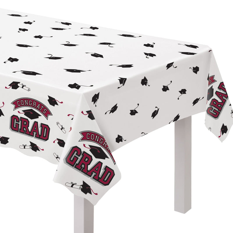 True to Your School "Congrats Grad" Rectangle Plastic Reusable Table Cover, Maroon, 54x84-in, for Graduation Y0