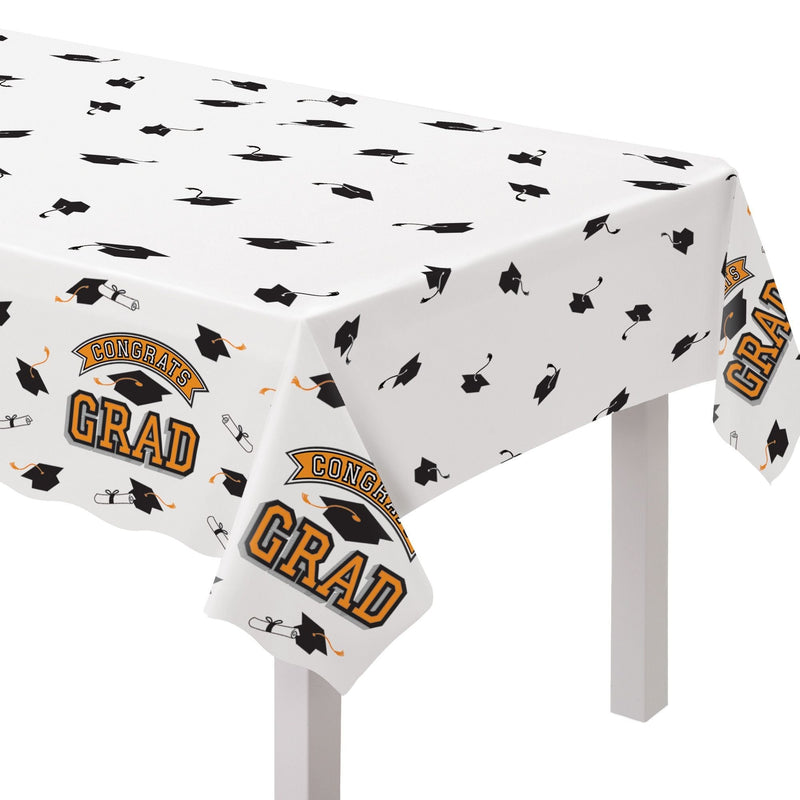 True to Your School "Congrats Grad" Rectangle Plastic Reusable Table Cover, Orange, 54x84-in, for Graduation W7