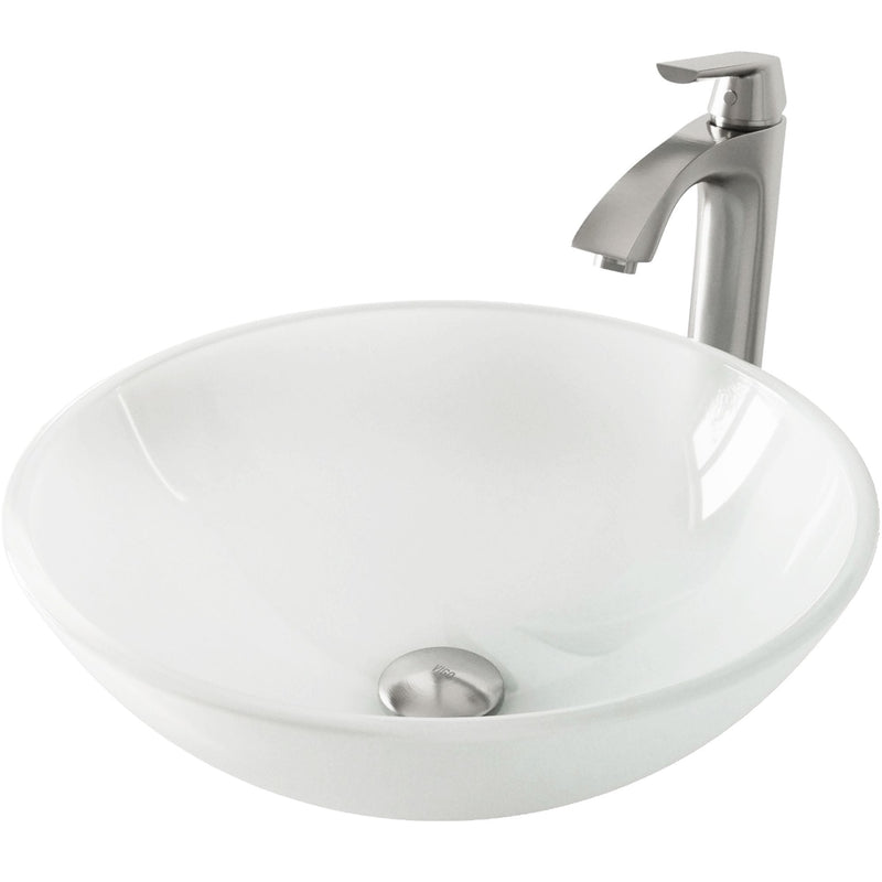 White Frost White Bathroom Sink/Basin Set with Linus Faucet and Round Glass Vessel K1